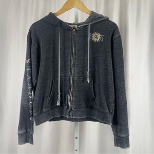 Stitch & Pine Large Stardust Full Zip Crop Jacket Hooded Acid Wash Grunge Boho